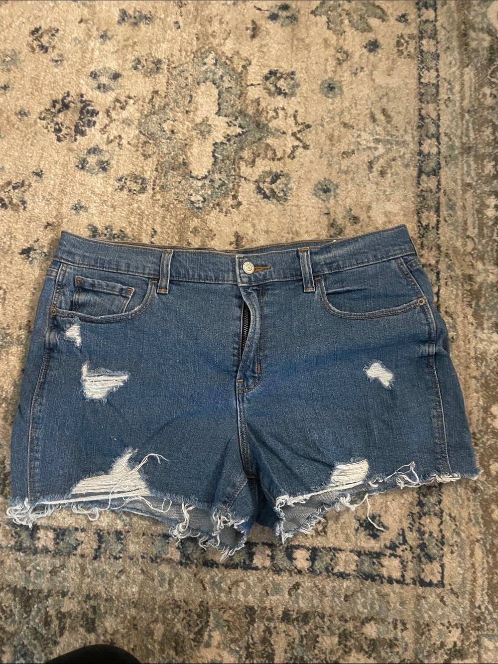 Mid-Rise Distressed Denim Shorts - Blue